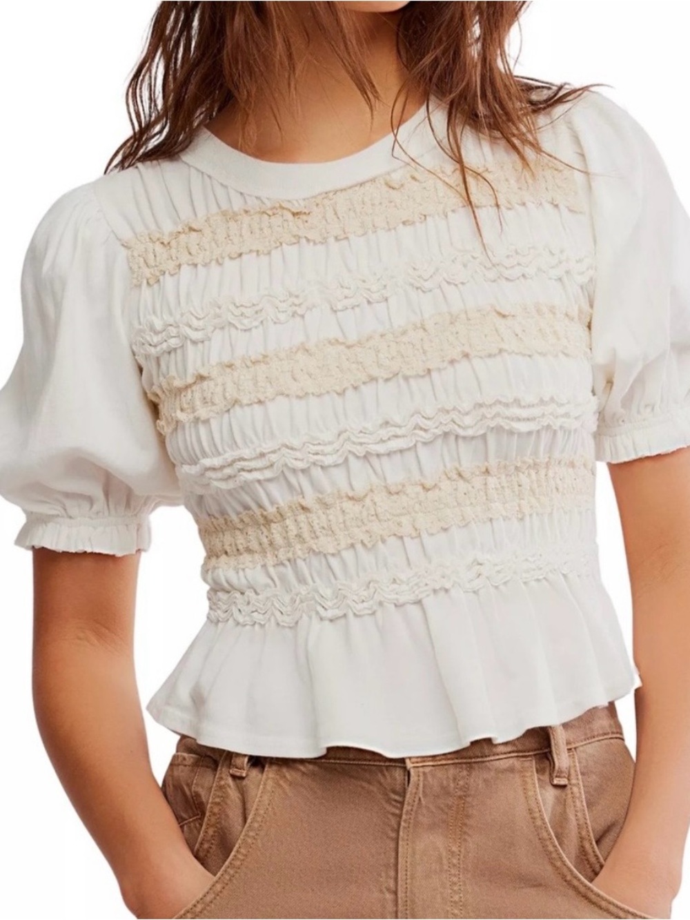 Free People Maxey Cream Smocked Lace Peplum Hem Short Puff Sleeve Knit Top Sz M